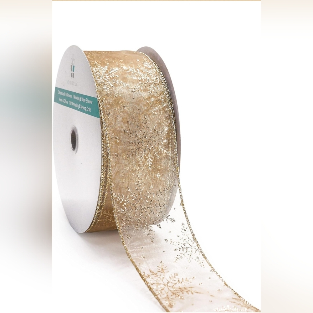 Ct Craft Llc Organza With Gold Flitter Snowflake Wired Ribbon 2.5" Wide x 50 Yds